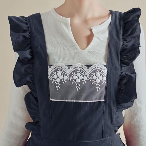 Cute Cotton Apron Frilly Lace Ruffle Adjustable Pinafore Apron Dress with Pockets for Cooking Baking Cleaning Gardening (Navy)