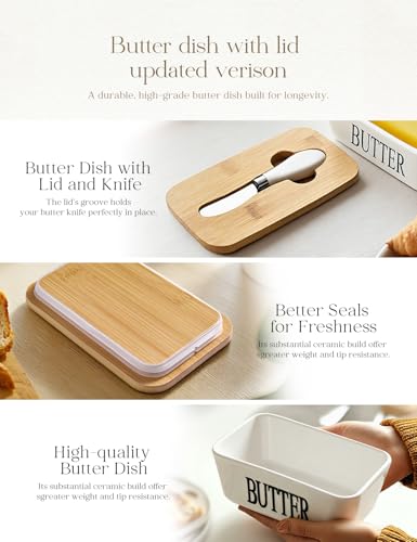 Ceramic Butter Dish with Lid and Knife & Silicone Seal for Countertop White (White)