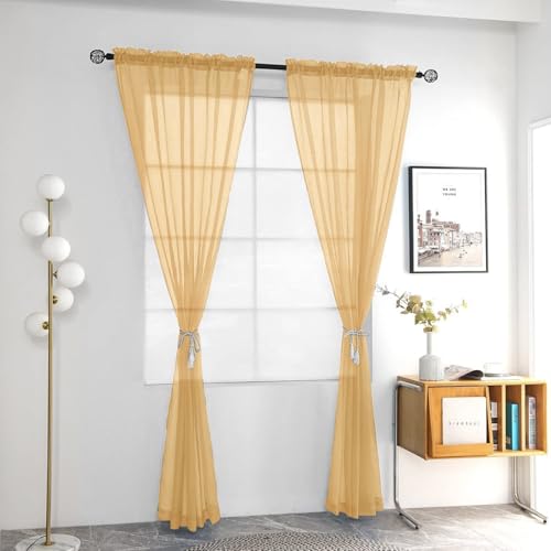 Solid Sheer Rod Pocket Curtain Voile Draperies 2 Panels White Beige Black Grey Coffee 70 Inch Width 72 Inch Long 1 Pair for Kitchen Bedroom Children Living Room Yard (Beige / 70"W x 72"L (Pack of 2))