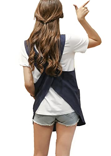 Soft Cotton Linen Apron Solid Color Halter Cross Bandage Japanese Style X Shape Double Pockets Round Skirt Kitchen Cooking Chef Summer Fit Navy Blue (Navy Blue)