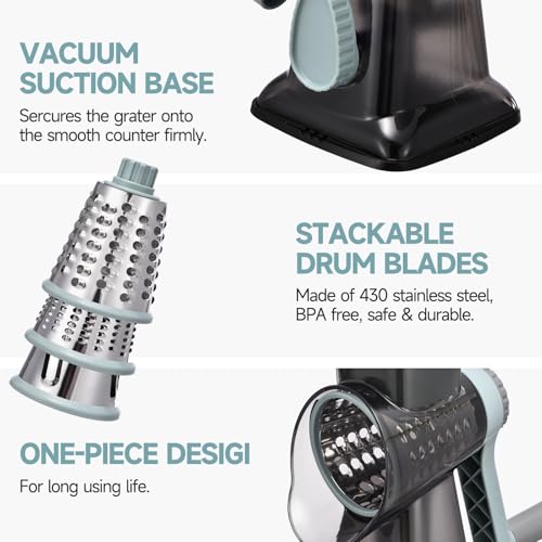 Rotary Cheese Grater with Handle Kitchen Shredder Slicer Grater Slicer Ice Shaver Cheese Vegetable Nuts Potato Zucchini Chocolate 3 Interchangeable Blades (9.06"L x 4.33"W x 9.07"H / GreyBlue)