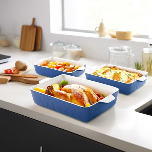 Baking Dish Set of 3 Nonstick Bakeware Set with Handles (Dark Blue / 11.6 x 7.8 Inches)