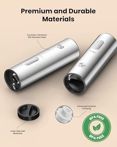 Electric Salt and Pepper Grinder Set with Rechargeable Base (Stainless Steel)
