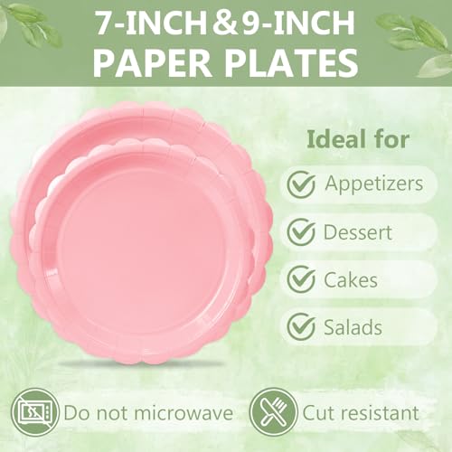 100 Light Pink Paper Plates and Napkins Disposable for Party (Pink 100 Plate Set / 7 & 9-inch Set)