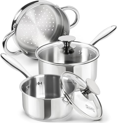 Stainless Steel Saucepans with Steamer 5Pcs (1QT+2QT)