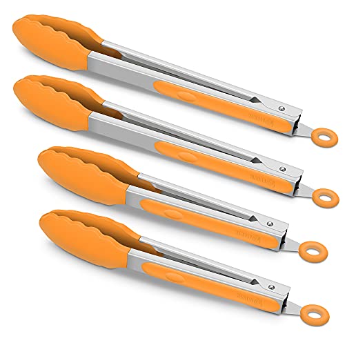4 Pack Orange Silicone Kitchen Tongs Set (Orange)