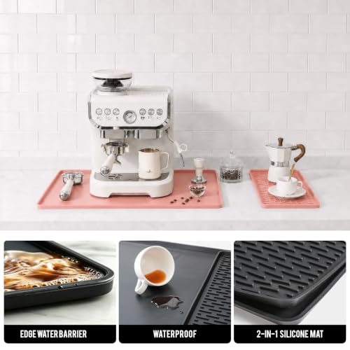 2 In 1 Silicone Coffee Bar Mat Accessories for espresso Machine with Detachable Dish Drying Mat Easy to Clean Kitchen Cafetera Barista Tools Pink Home Decor Cut Girls Anniversary Gifts (Pink / 16" x 16")