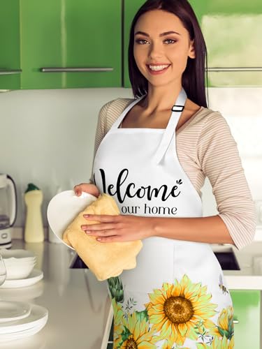 6 Pcs Sunflower Bee Aprons for Women with Pockets (Yellow, Black, White / Sunflower Bee)