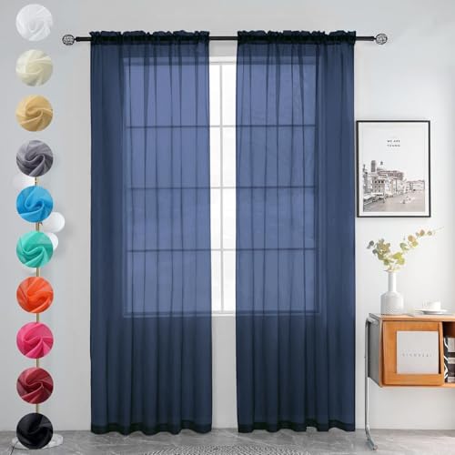 Solid Sheer Rod Pocket Curtain Voile Draperies 2 Panels White Beige Black Grey Coffee 52 Inch Width 84 Inch Long 1 Pair for Kitchen Bedroom Children Living Room Yard (Navy / 52"W x 84"L (Pack of 2))
