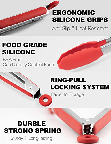 Non Stick Silicone Locking Tong Set of 3 (7+9+12 Inch / 3 Pcs Silicone - Red)
