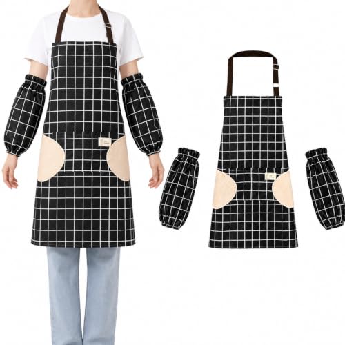 Waterproof Bib Apron Set with Sleeves (Black-grid)