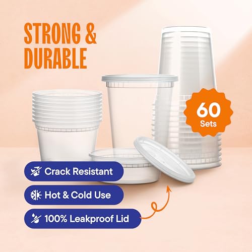 60 Sets] Plastic Deli Food Storage Containers with Airtight Lids Combo Set (60 Pack, 8/16/32 oz)