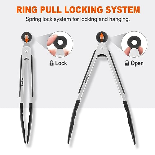 Non Stick Silicone Locking Tong Set of 3 (7+9+12 Inch / 3 Pcs Silicone - Grey, Black, White)