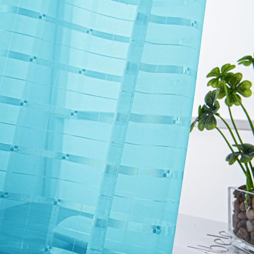 Check Sheer Curtains 96 Inches Long for Living Room (Check - Cyan Blue / 52"W x 96"L (Pack of 2))