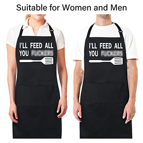 100% Cotton Funny Apron I'll Feed All You with 2 Pockets Kitchen Cooking Adjustable Chef Aprons Gifts for Men Women Friends Brothers Father's Day Mother's Day (I'll Feed All You)