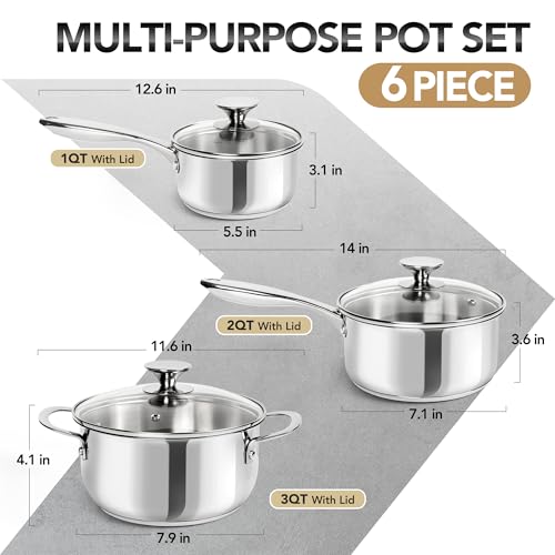 Stainless Steel Pot Set with Lids 1QT & 2QT & 3QT (1QT+2QT+3.1QT)