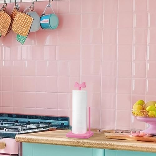 Pink Bow Paper Towel Holder Coquettish Cute Bow Wooden Paper Towel Holder Pink Bathroom Countertop Accessories Kitchen Roll Stand Organizer Standing Apartment Decor Housewarming Gift (Bow)