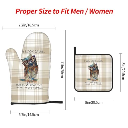 Funny Owl Oven Mitts and Pot Holders Sets of 3 Kitchen Hot Pads (Funny Owl)