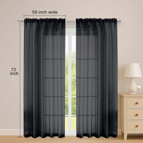 Black Sheer Curtains 72 Inch Long 2 Panels for Living Room 59" Wide (Black / 59"W x 72"L (Pack of 2))