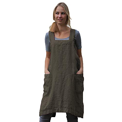 Women’s Pinafore Square Apron Baking Cooking Gardening Works Cross Back Cotton (XX-Large / Green)
