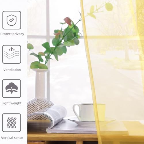 Solid Sheer Rod Pocket Curtain Voile Draperies 2 Panels White Beige Black Grey Coffee 52 Inch Width 72 Inch Long 1 Pair for Kitchen Bedroom Children Living Room Yard (Yellow / 52"W x 72"L (Pack of 2))