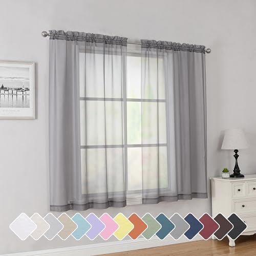 Rod Pocket Top Solid Voile Sheer Curtains for Bedroom (Charcoal Grey / 42"W x 54"L (Pack of 2))