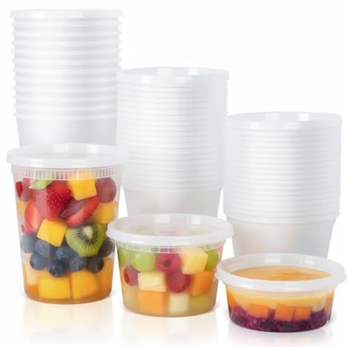 60 Sets] Plastic Deli Food Storage Containers with Airtight Lids Combo Set (60 Pack, 8/16/32 oz)