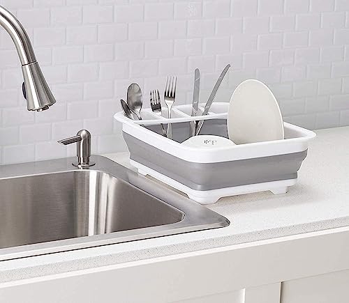 Collapsible Dish Drying Rack Portable Dinnerware Drainer Organizer for Kitchen RV Campers Travel Trailer Space Saving Kitchen Storage Tray (Gray/White)