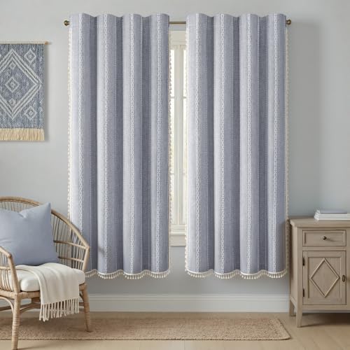 Blue 100% Boho Blackout Curtains 72 Inch 2 Panels with Tassels (Blue / 52"W x 72"L (Pack of 2))