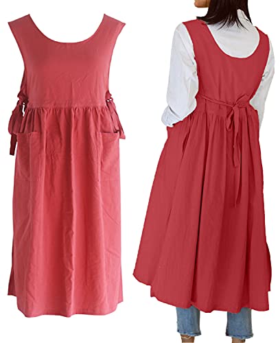 Women Plus Size Cotton Linen Vintage Pleated Split Apron Pinafore Dress with Two Pockets (Red / 43.4"L)