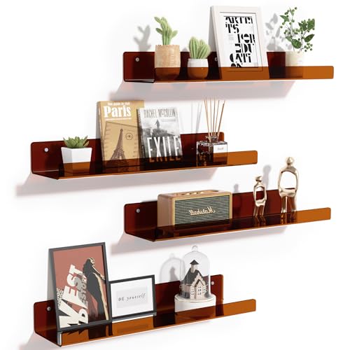 4 Pcs 15" Acrylic Shelves for Wall Decor and Display (Brown)