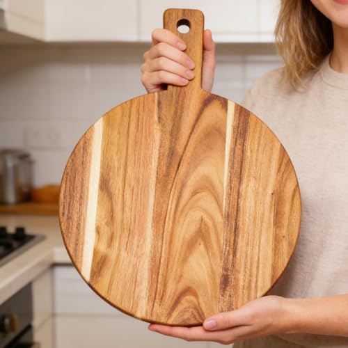 Large Acacia Wood Cutting Board with Handle 17''X13'' (BigRound-17x13)