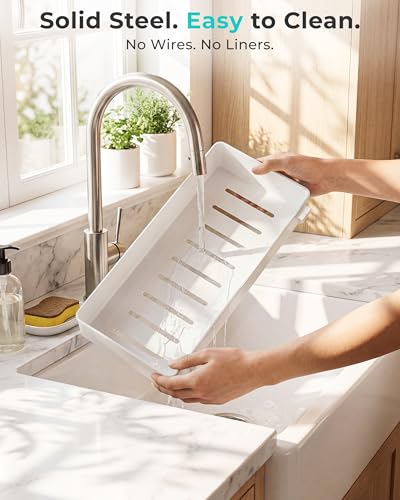 Height Adjustable 2 Tier Metal Pull Out Slide Shelf Organizer for Framed or Frameless Under Sink Cabinets in Kitchen (2 Sets / White)