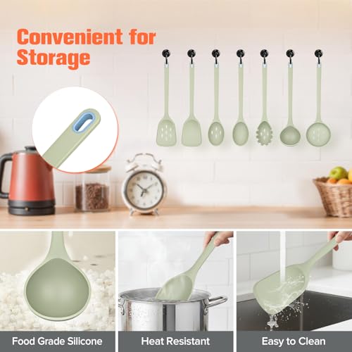 Large Silicone Utensils Set of 7 for Cooking (Green)