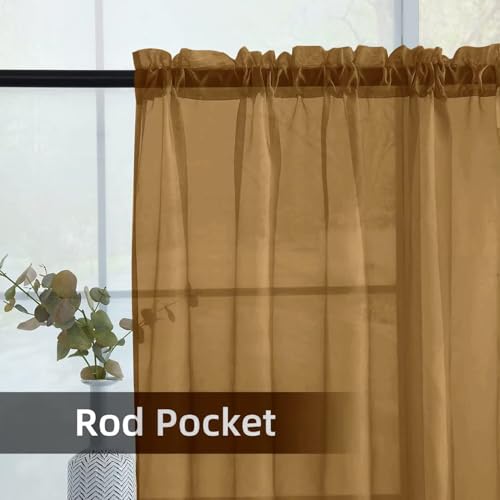 Solid Sheer Rod Pocket Curtain Voile Draperies 2 Panels White Beige Black Grey Ivory 52 Inch Width 63 Inch Long 1 Pair for Kitchen Bedroom Children Living Room Yard (Light Brown / 52"W x 63"L (Pack of 2))