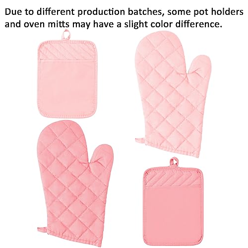 6Pcs Cotton Oven Mitts and Pot Holders Set Heat Resistant Hot Pads Durable Pocket Pot Holder Machine Washable BBQ Gloves with Hanging Loop for Safe Kitchen Baking Cooking Grilling Pink (Pink)