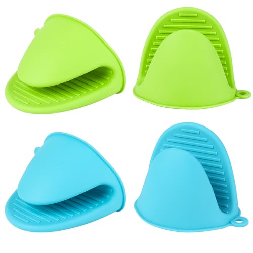 4 PCS Silicone Oven Mitts Heat Resistant Mini Oven Gloves for Kitchen Rubber Air Fryer Mitts Oven Accessories Finger Cooking Pinch Mitts Pot Holders for Kitchen Cooking Baking Dishwasher (Blue+green)