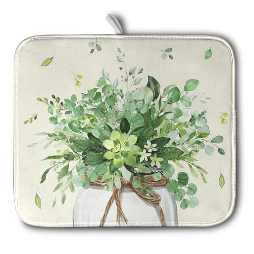 Spring Sage Green Leaves Dish Drying Mat for Kitchen Counter Eucalyptus Leaf Floral Mason Jar Dishes Drainer Mats Absorbent Microfiber Dish Draining Mat Reversible Dish Pad 16x18 Inch (Sage Green Leaves Vase / 16" x 18")