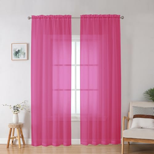 Hot Pink Sheer Curtains for Bedroom Living Room 90 Inches Long (Hot Pink / 42"W x 90"L (Pack of 2))