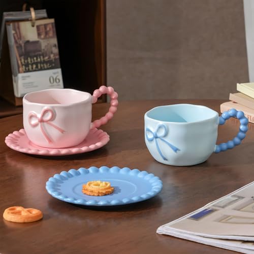 Bow Coffee Mug Pink Coquette Coffee Mugs Set with Saucer 12 OZ Porcelain Tea Cup Bow Cute Mug for Women Girl (#B Pink Bow Coffee Mug)