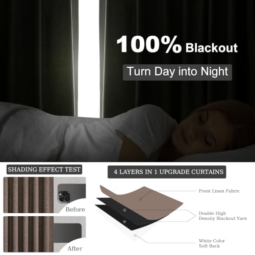 96 Inch Blackout Linen Curtains 2 Panel Set for Living Room Darkening Back Tab Thick Linened Textured 100% Black Out Drapes 96 Inches Long Light Blocking Kids Bedroom Dark Brown (Dark Brown / 52"W x 96"L (Pack of 2))