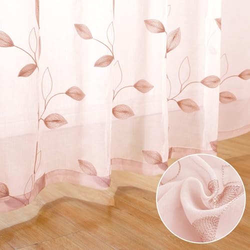 Blush Pink Sheer Curtains Leaf Embroidered (52"W x 96"L (Pack of 2) / Pink)