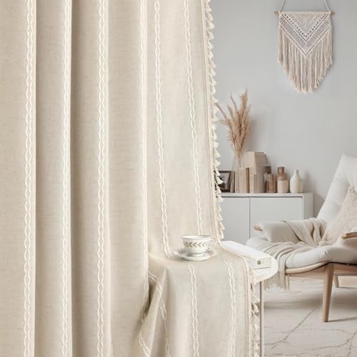 Boho 100% Blackout Curtains 96 Inch 2 Panels Linen Blend Beige (Beige / 52"W x 96"L (Pack of 2))