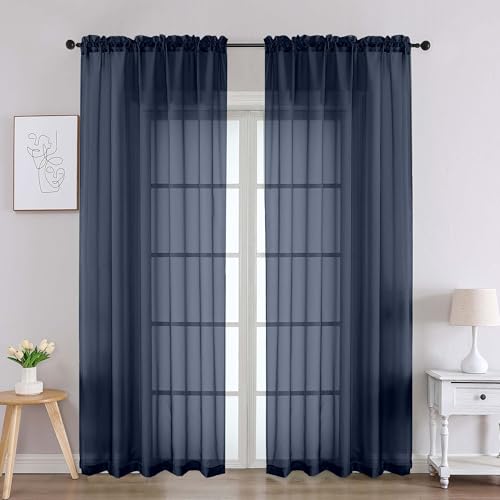 Navy Blue Sheer Curtains 84 Inches Long 2 Panels (Navy Blue / 59"W x 84"L (Pack of 2))