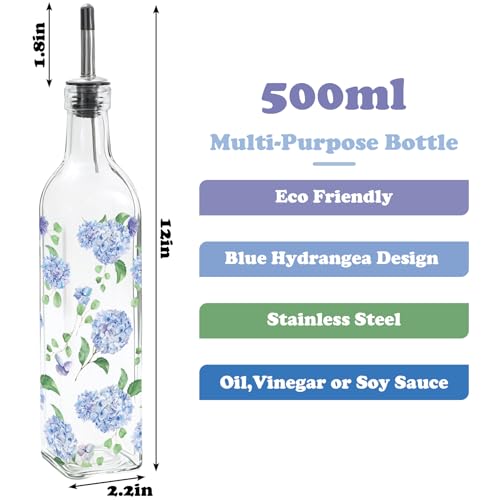 17 Oz Blue Hydrangea Olive Oil Dispenser Bottle Glass Cruet Bottle with Spout Floral Cooking Vinegar Container for Spring Summer Home Kitchen Table Countertop Decor