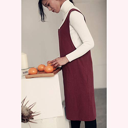Soft Cotton Linen Apron Solid Color Halter Cross Bandage Aprons Japan Japanese Style X Shape Kitchen Cooking Clothes Gift for Women Chef Housewarming (Dark Red)