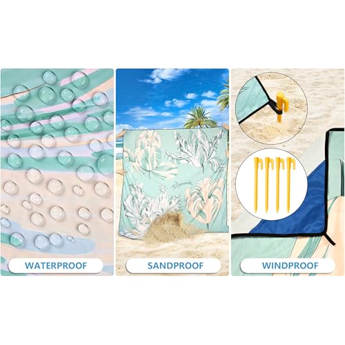 Waterproof Sandproof Beach Blanket Mat for 1 (79" X 83"（1~3 person） / Elegant Plain Green Floral)
