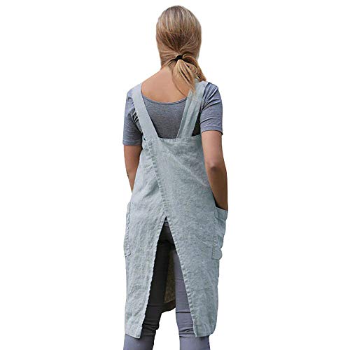 Women's Cross Back Pinafore Apron with Large Pockets Home Kitchen (Large / Light Blue)