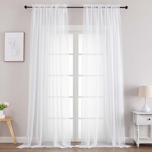 Extra Long White Sheer Curtains 102 Inches Long 2 Panels (White / 52"W x 102"L (Pack of 2))