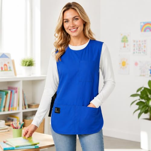 Waterproof Cobbler Apron with 4 Pockets Vest Smock Apron for Men Women Chef Waiter Work (Blue)